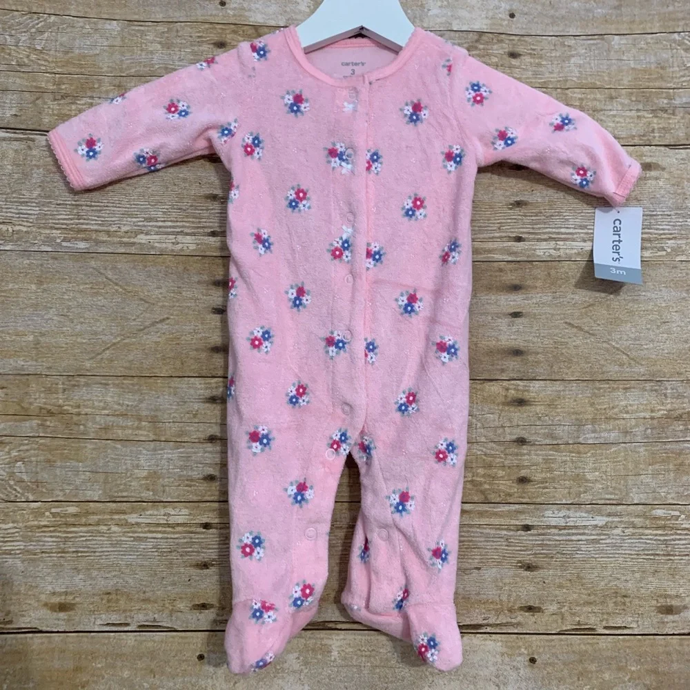 Carters 3M pink footie snap up floral bows soft girly terry cloth warm new